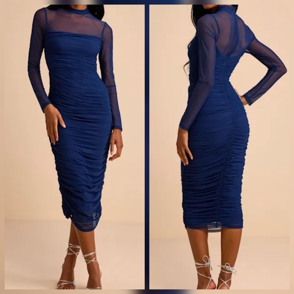 Lulus Impressive Flirt Navy Mesh Ruched Mock Neck Midi Dress XS